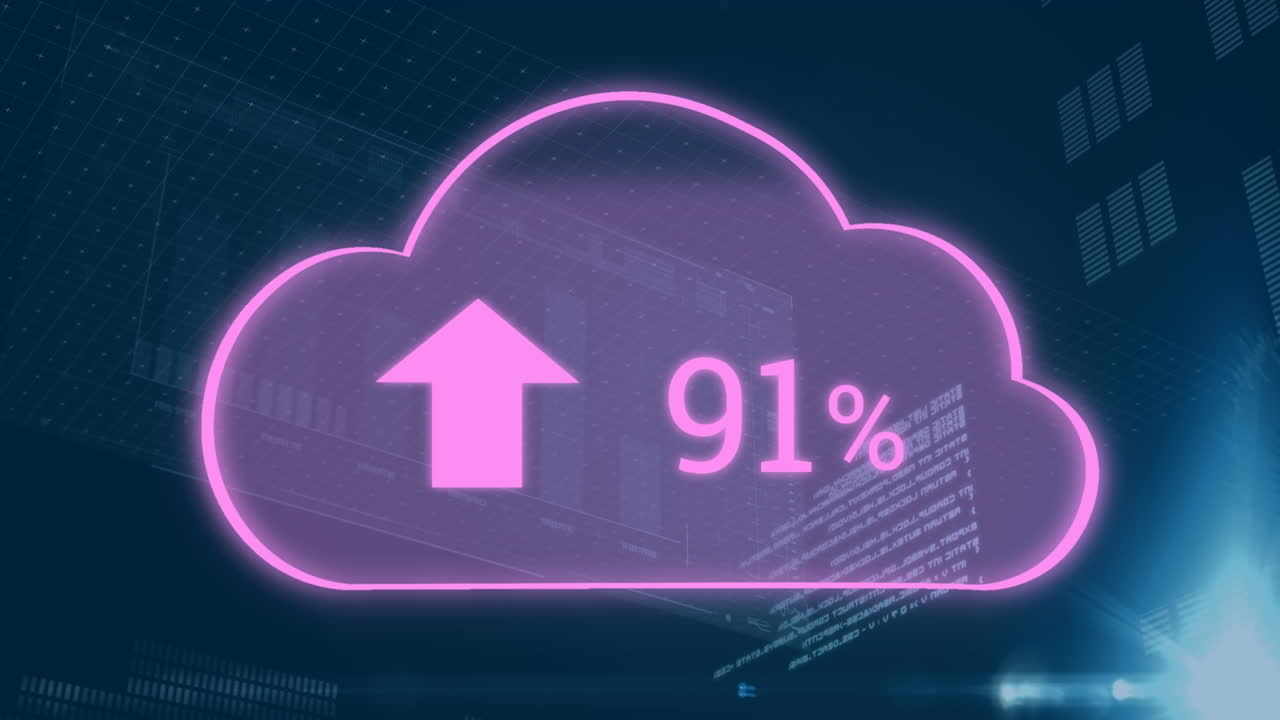 animación de iconos de nubes y procesamiento de datos sobre un fondo oscuro