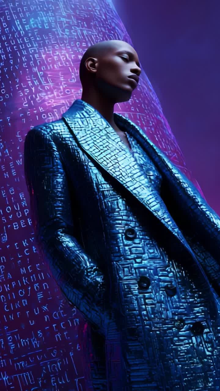 Striking Model in Futuristic Blue Texture Suit Against a Vibrant Digital Background, Highlighting the Blend of Fashion and Technology for a Captivating Visual Experience