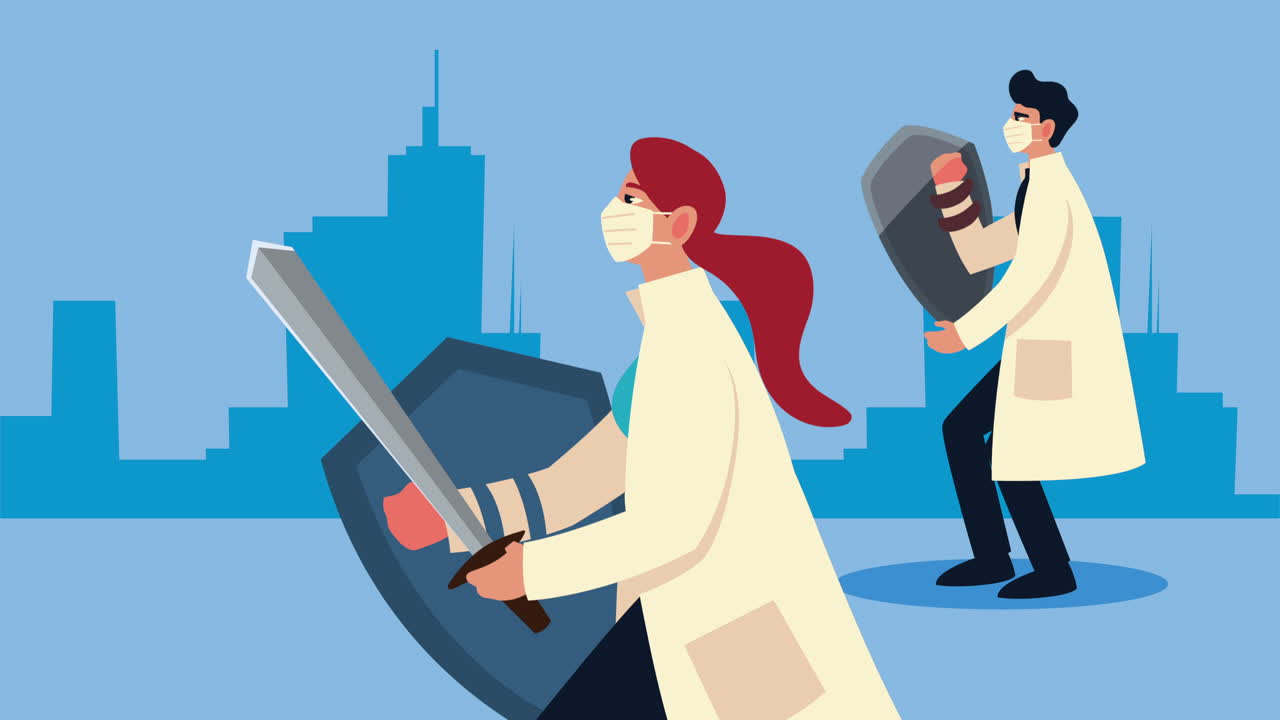 의사 부부는 방패와 검과 함께 의료 마스크를 착용합니다.