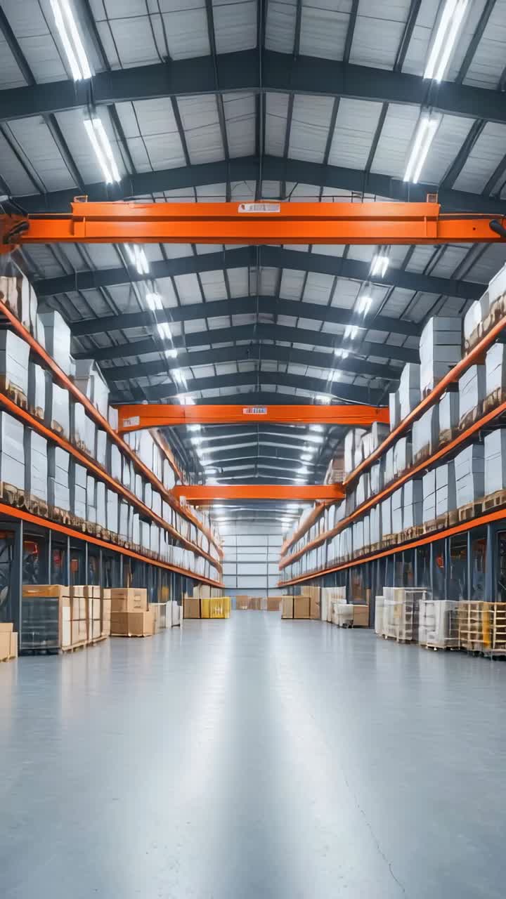 Vertical video: Moving camera tracking forward down warehouse aisle surveying metal racks, boxes