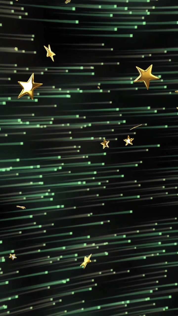 Animação de estrelas douradas caindo sobre pontos de luz verdes brilhantes