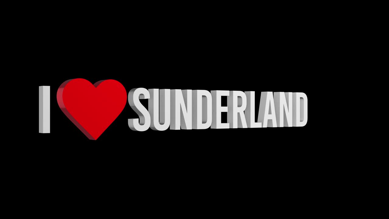 I love Sunderland. Text and heart 3d. Alpha channel