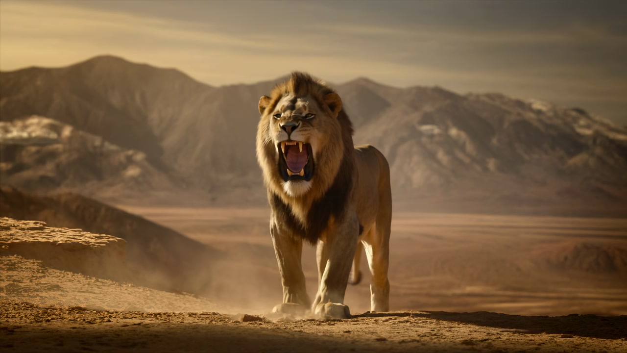 Roaring Lion In Desert Plain Facing Camera, Dust Kicking Under Paws, Dramatic Mountains Backdrop, Golden Light