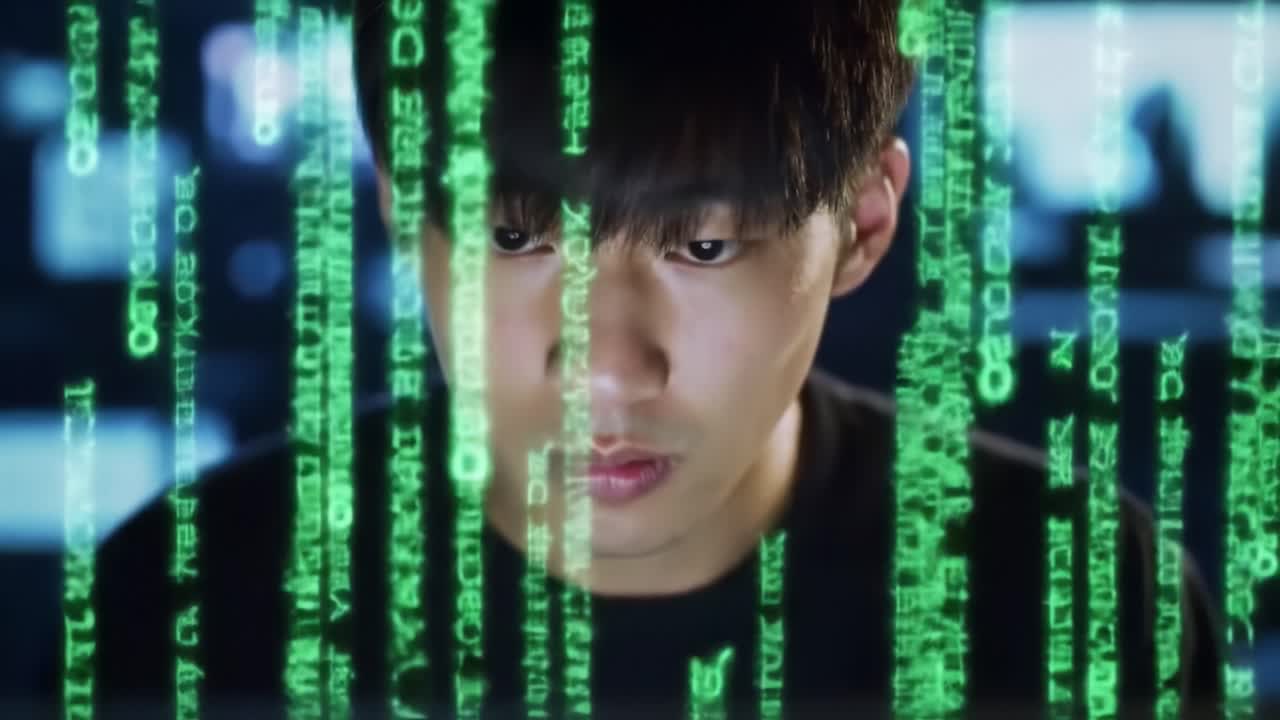 A Focused Individual Analyzing Digital Code Surrounded by Streams of Green Matrix-Like Characters in a High-Tech Environment, Engaged in Deep Thinking and Analysis