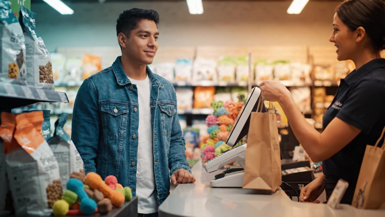 Customer Interaction at Checkout: A Young Man Making Payment for Groceries with His Smartphone in a Colorful Store with Various Products Displayed