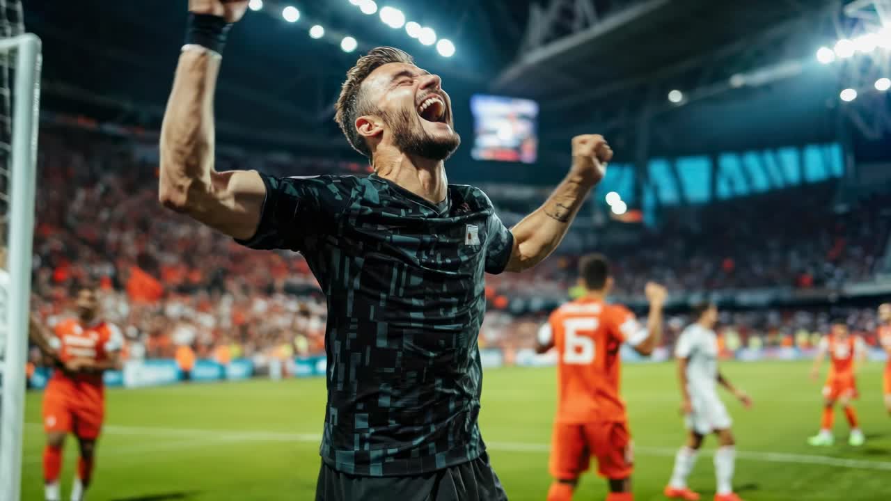 Dynamic low-angle shot of a soccer player celebrating a goal in a stadium, capturing the excitement