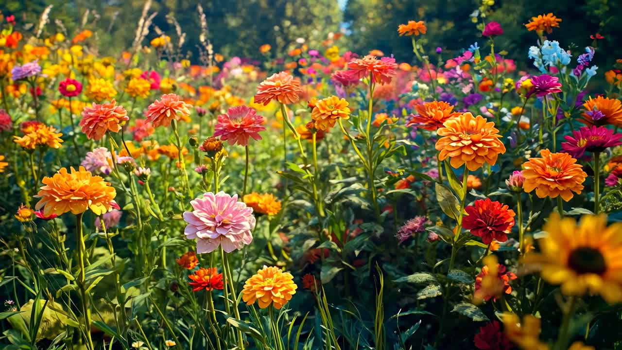 Vibrant wildflower meadow captured in a low-angle shot, showcasing colorful blooms under a sunny