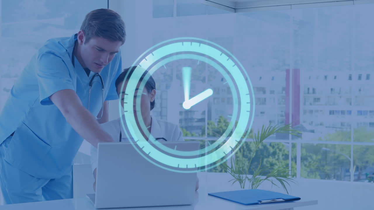 Animation of digital clock over doctors using laptop | Premium Stock ...