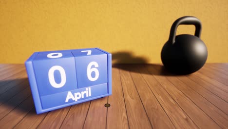 día internacional del deporte para el desarrollo y la paz (6 de abril): el enfoque de la cámara cambia de kettlebell a animación de bucle de calendario en 4k.