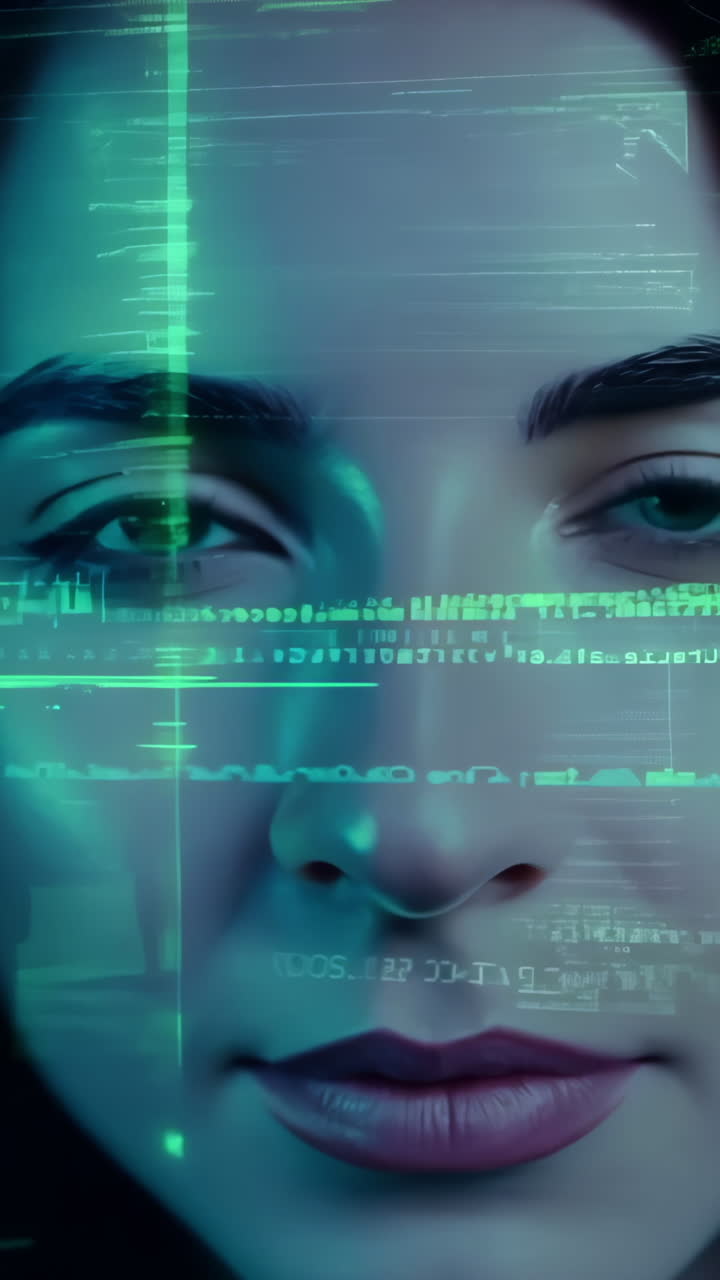 A woman's face is shown in a green screen with a black background. The woman's face is blurred and pixelated, giving the impression of a digital image. Scene is somewhat eerie and unsettling