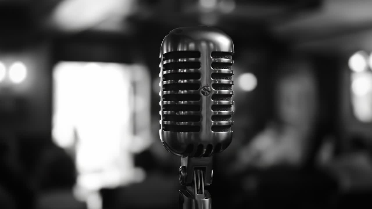 A Classic Microphone Ready to Capture the Rhythms and Melodies of a Performance in a Cozy Atmosphere, Echoing the Vibes of Live Music and Entertainment
