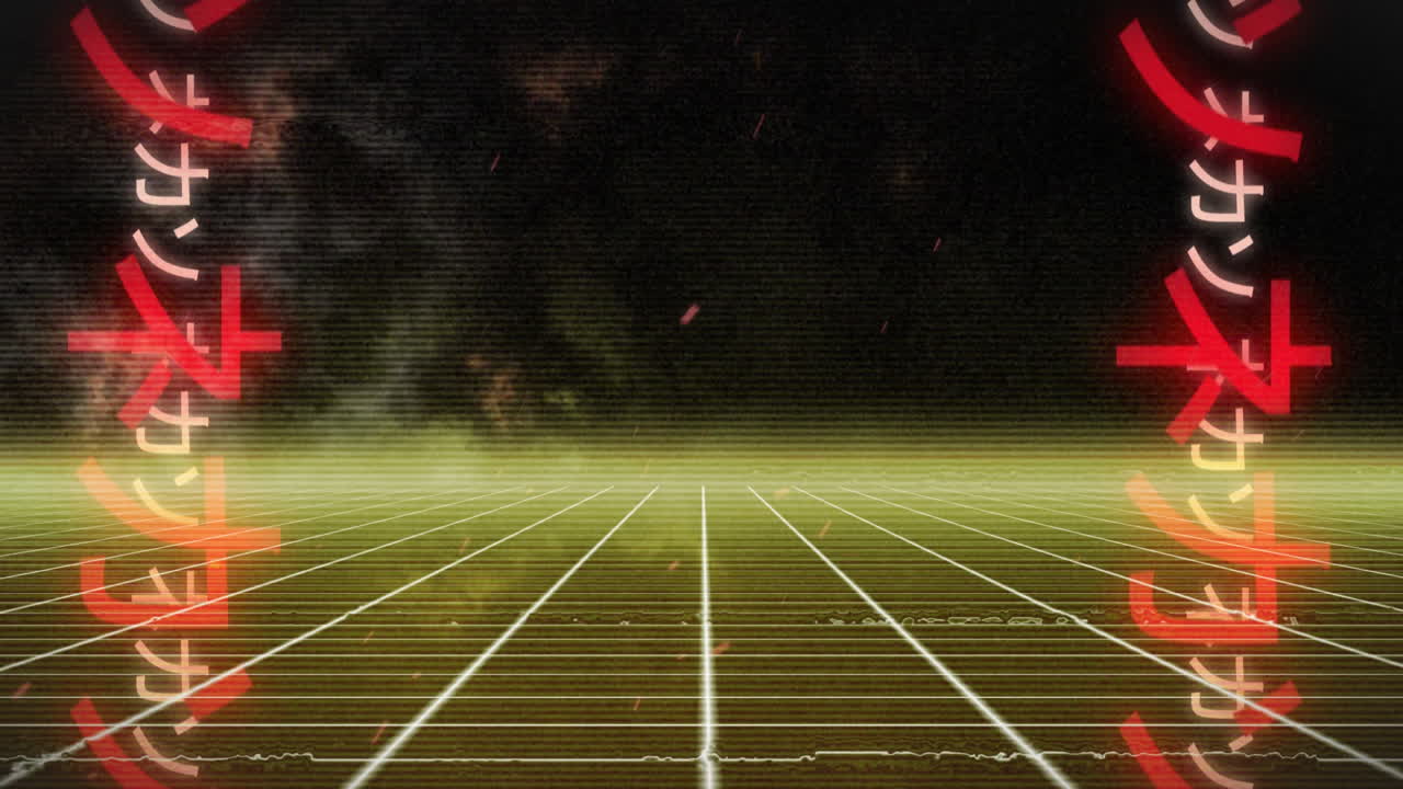Animation of neon japanese writing and grid on dark background