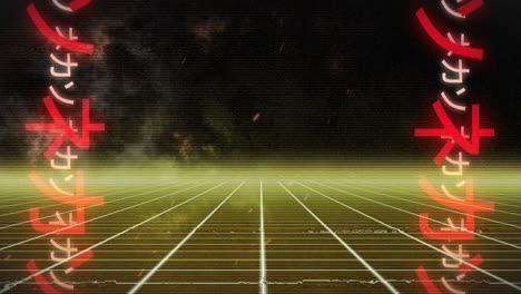 animation of neon japanese writing and grid on dark background