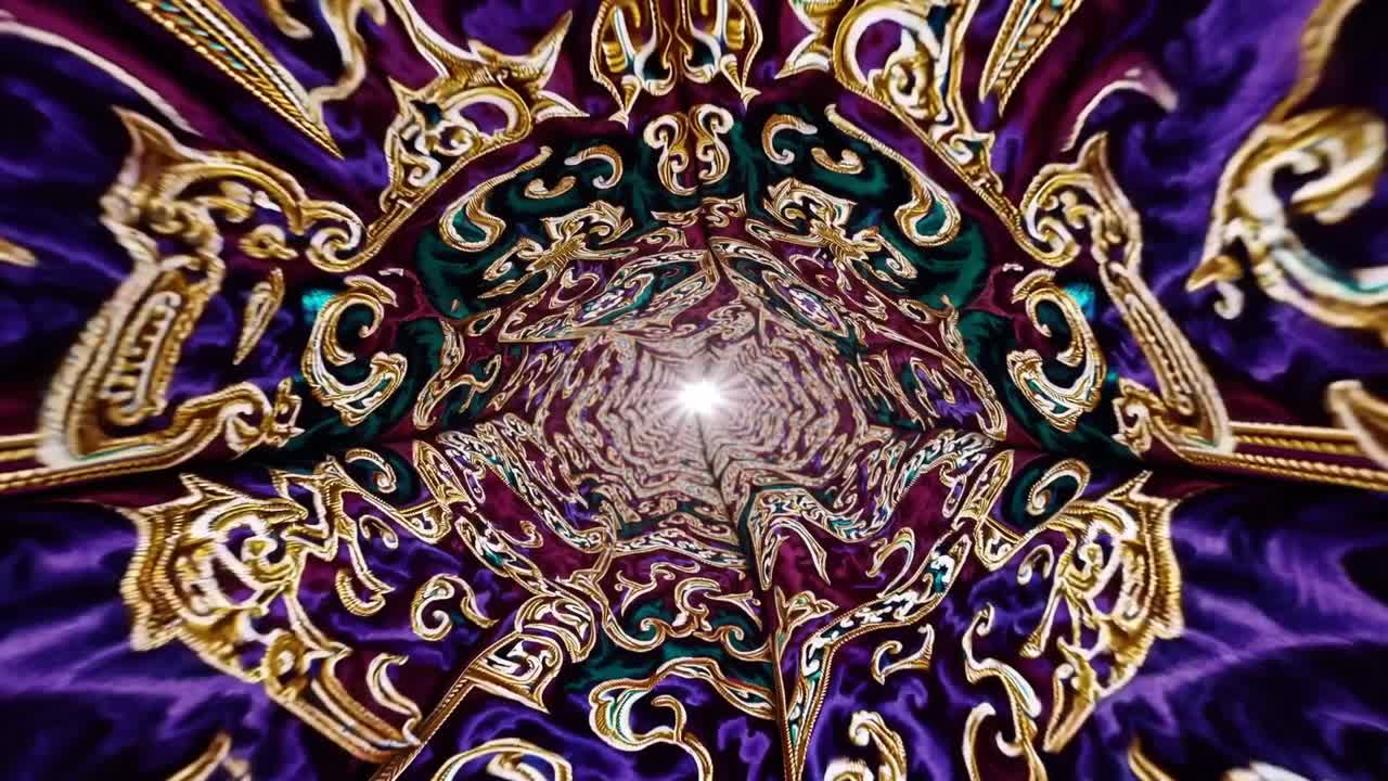 Spiraling tunnel of intricate patterns and vibrant colors, showcasing a mesmerizing flow of light and texture, creating a captivating visual journey through a dynamic scene