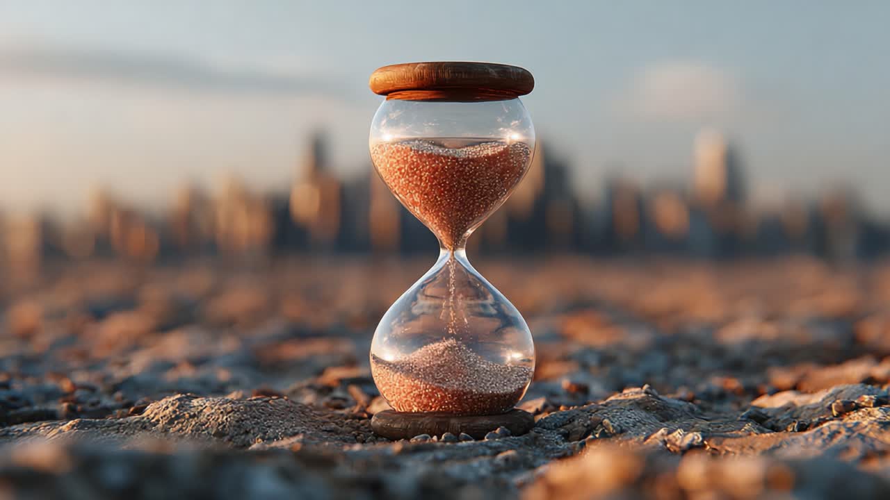 A Close-Up of a Beautiful Hourglass Capturing the Passage of Time, Set Against a Dreamy Urban Landscape Emphasizing Nature’s Beauty and Life's Fleeting Moments