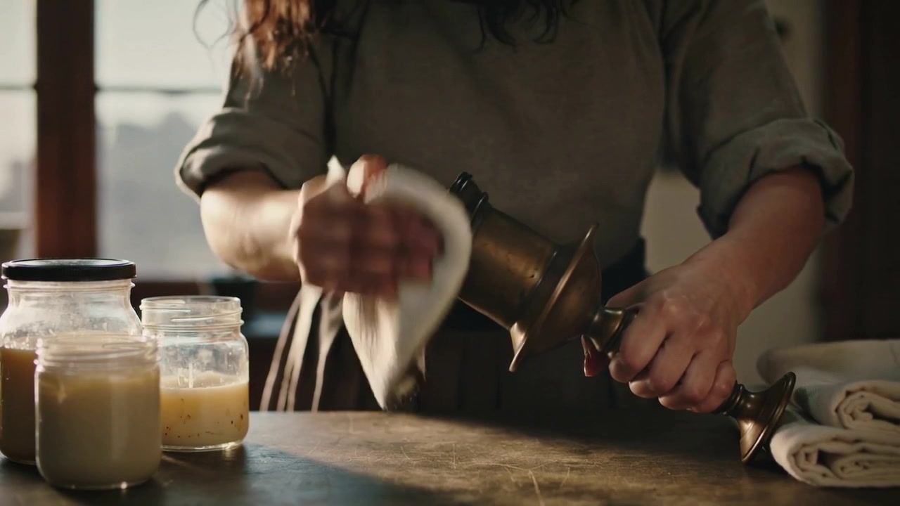 Polishing woman rolled sleeves wiping turning brass holder using white cloth at wood table sunlight
