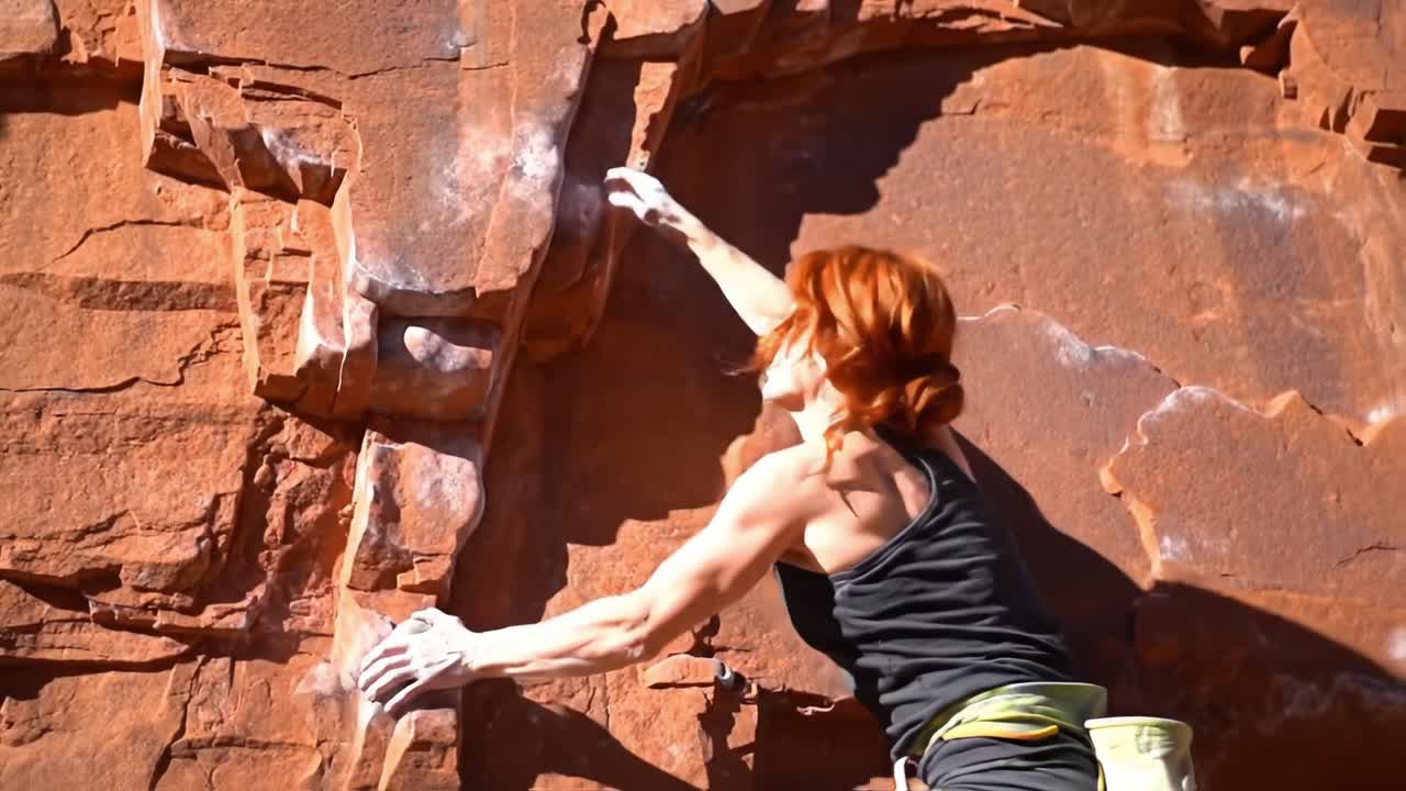 Dynamic Climber Engages Vertically on Rugged Red Rock Face, Showcasing Strength and Skill in a Strenuous Ascent