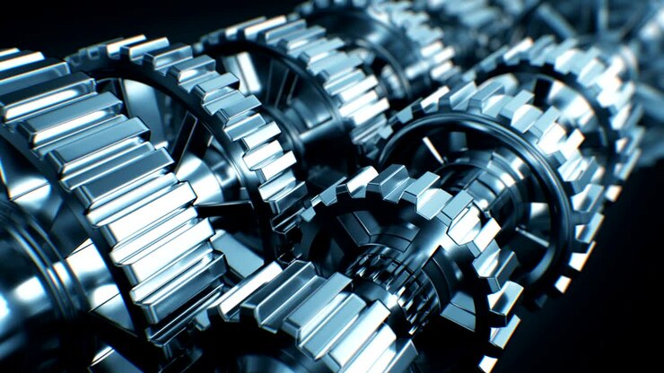 Beautiful Metal Gears Rotating on Axis Seamless Close-up with DOF Blur. Beautiful Looped 3d Animation. Abstract Working Process. Teamwork Business and Technology Concept.