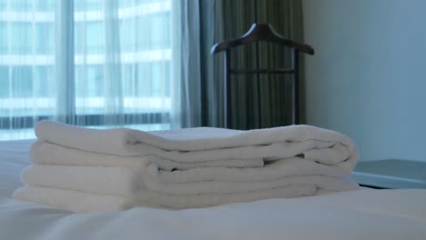 Housekeeper-is-putting-towel-on-the-bed-in-the-room