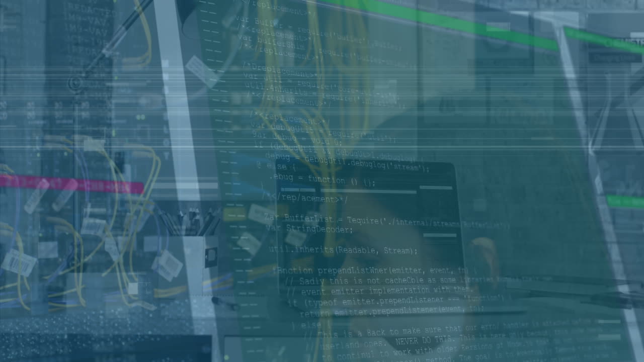 animación de procesamiento de datos sobre ingeniera caucásica con computadora portátil trabajando en la sala de servidores