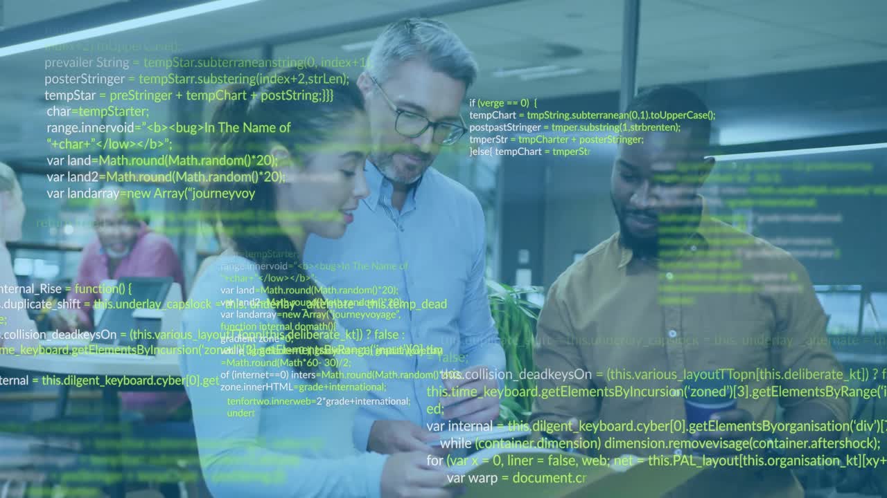 Colleagues flipping pages in yellow folder and activating code overlay during software review