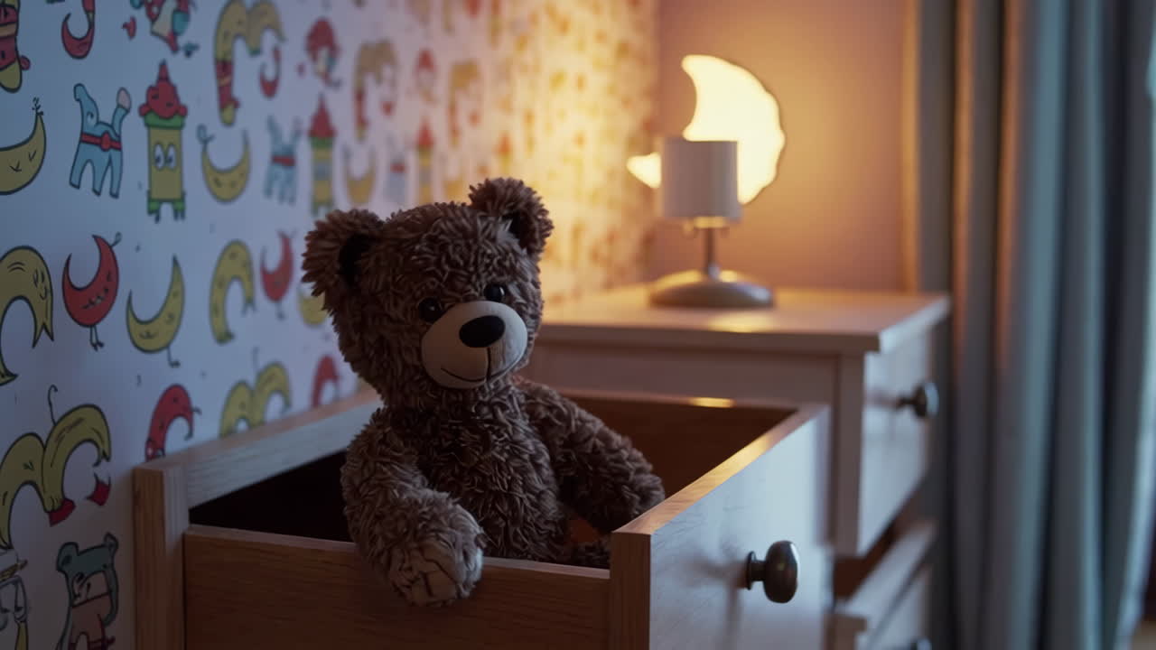 Mischievous Teddy Bear in a Child's Room Drawer