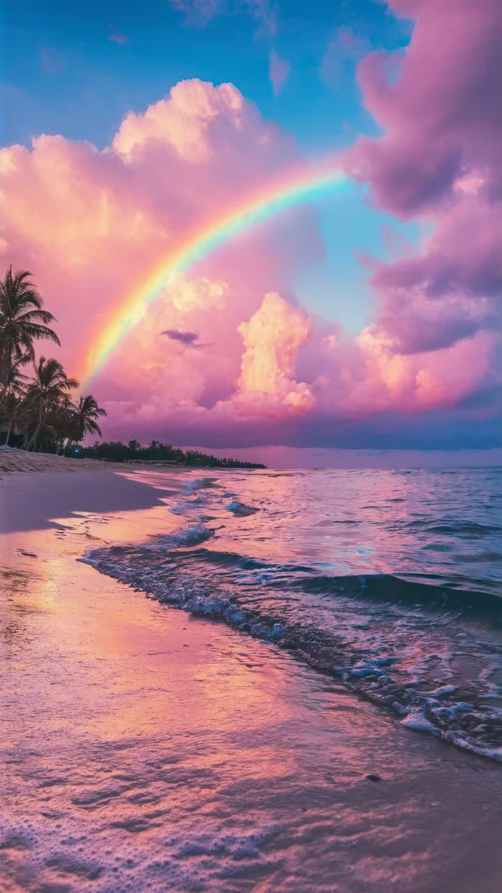 A vibrant beach sunset with a rainbow, captured from a low angle