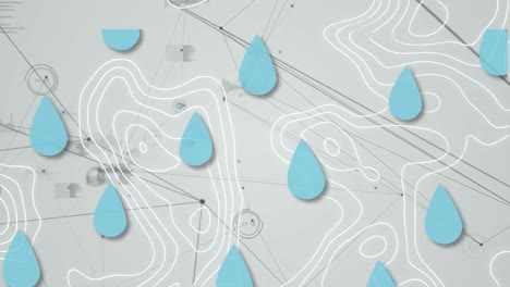 animación de líneas cartográficas sobre gotas de agua y red de conexiones
