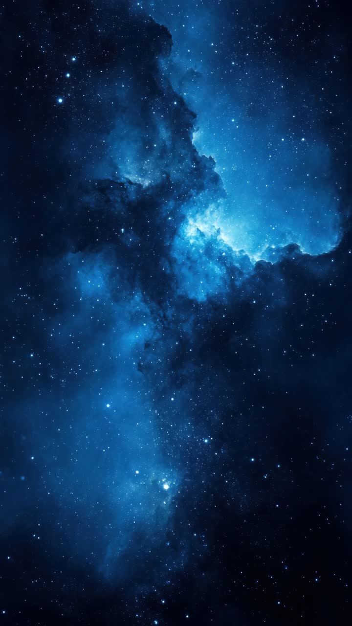 A mesmerizing cosmic scene with a wide-angle view of a blue nebula and stars, resembling a deep