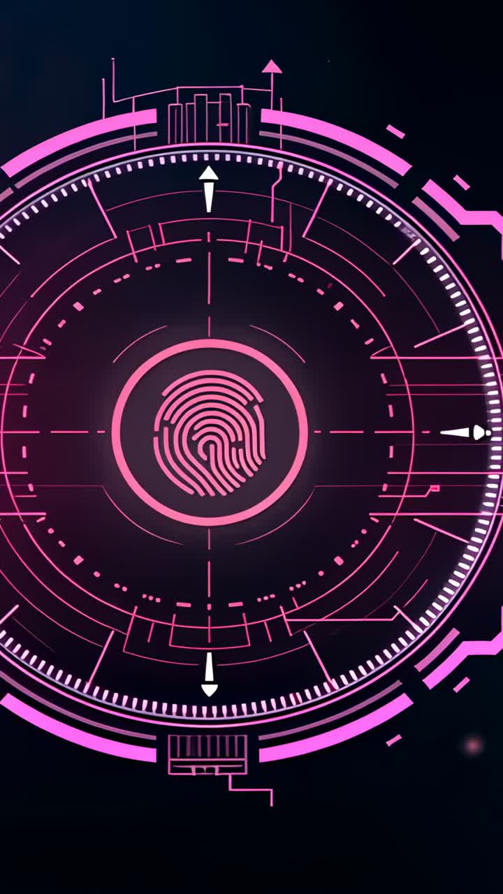 Vertical video: Pulsing circular HUD rotating rings and arrows for fingerprint scan on dark field