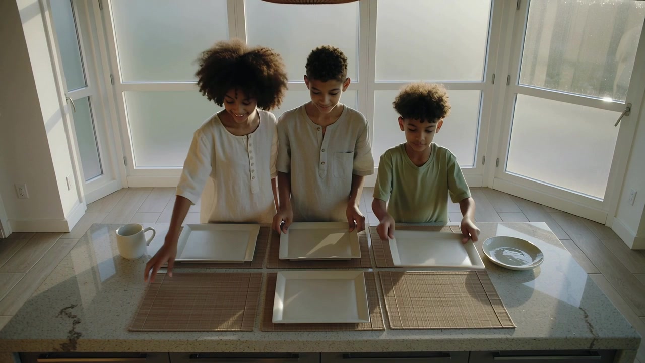Irmãos segurando pratos sobre jogos americanos, colocando e alinhando-os na ilha da cozinha, com blusas claras, para arrumar a mesa.