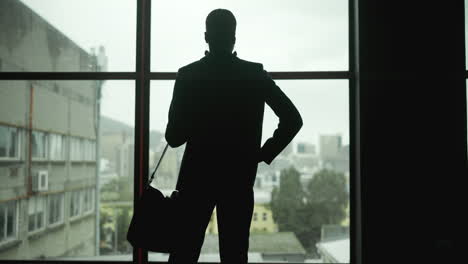 silhouette of businessman looking out window