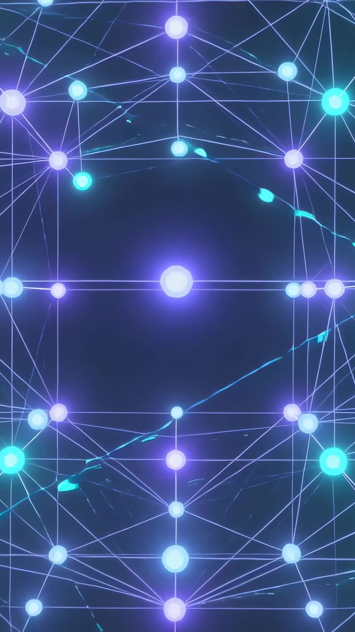 Vertical video: Glowing central orb sparking pulsing nodes, lines, and cyan streaks across gradient