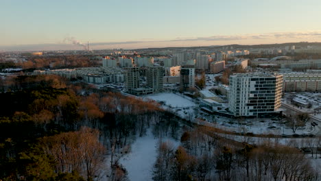 Una-Vista-Lejana-Del-Barrio-De-Przymorze-Muestra-Edificios-Residenciales-Con-Un-Telón-De-Fondo-De-árboles-Cubiertos-De-Nieve