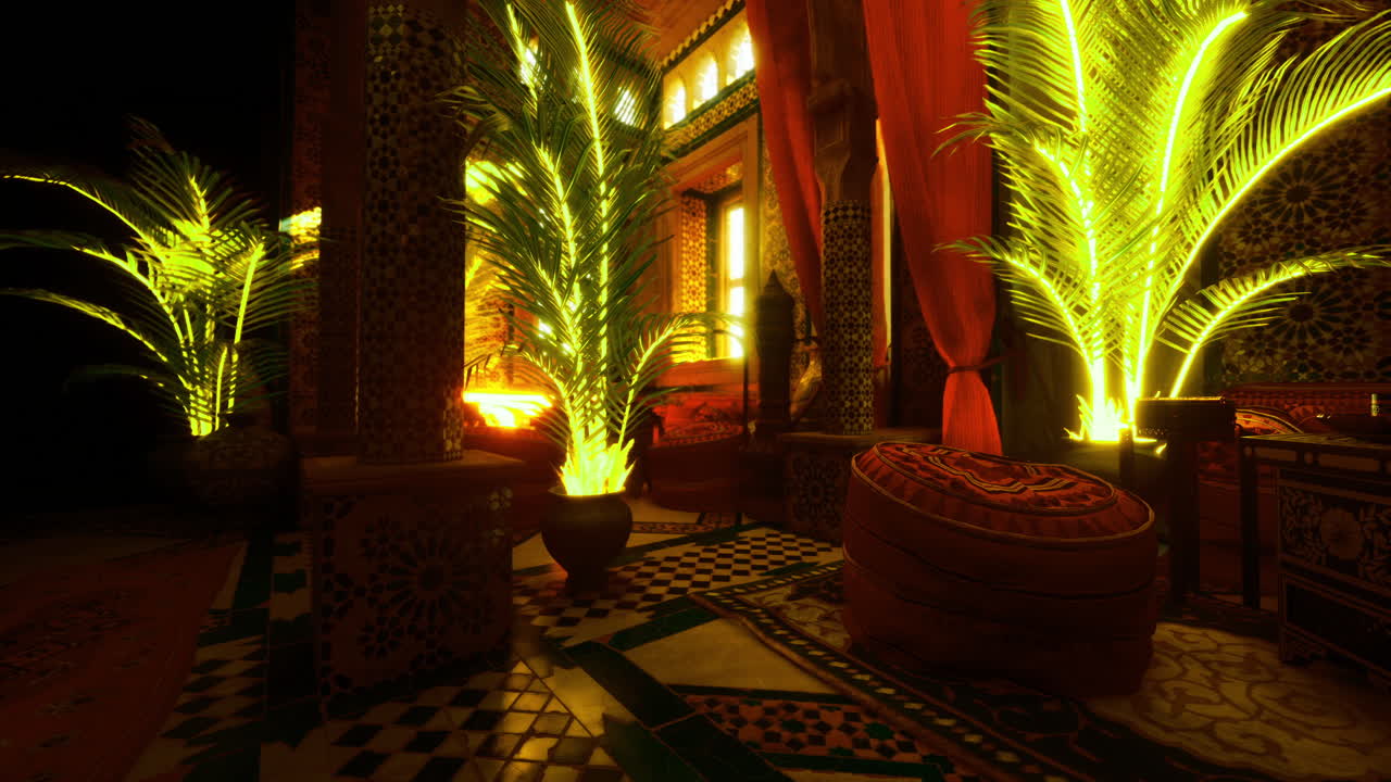 Vibrant interior of a moroccan style room with glowing palm trees