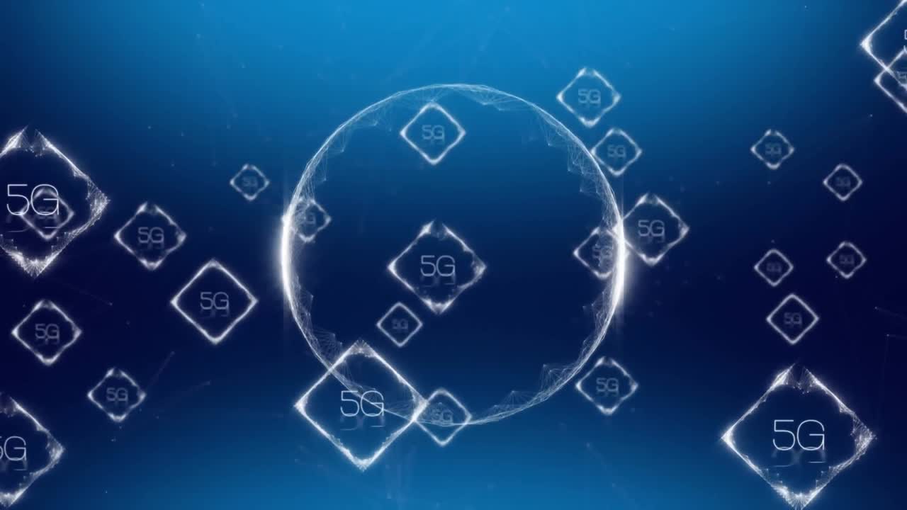 다중 5g 텍스트 배너의 애니메이션은 파란색 그라디언트 배경에 대해 회전하는 지구 위에 떠 있습니다.