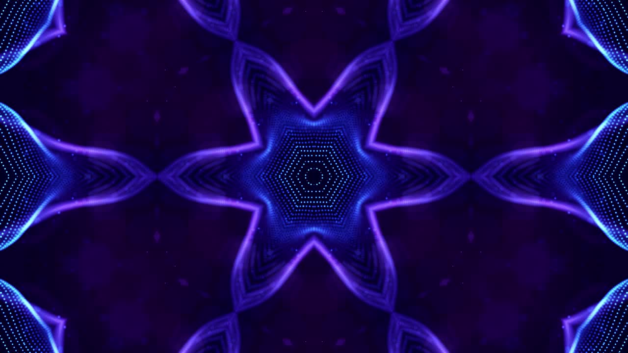 4k looped sci-fi 3d background with glow blue particles form lines, surfaces, complex symmetrical structures like star in kaleidoscope. Abstract theme of microworld or nanotechnology