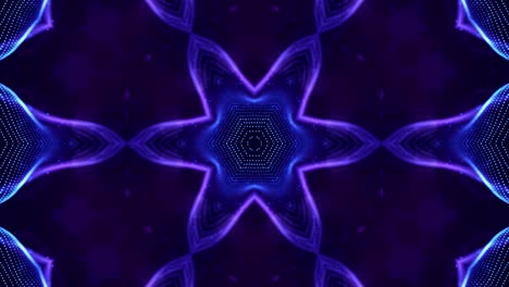 4k looped sci-fi 3d fondo con partículas azules brillantes forman líneas, superficies, estructuras simétricas complejas como estrellas en el caleidoscopio. tema abstracto de microworld o nanotecnología