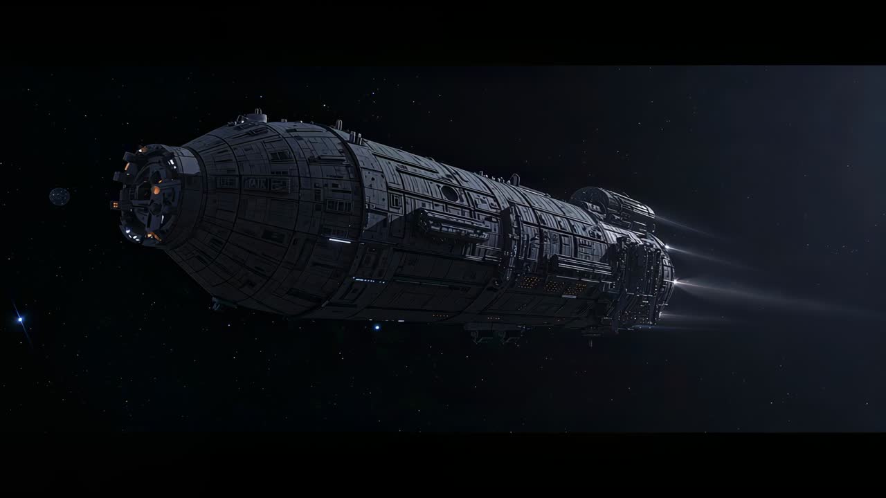 Approaching large cylindrical ship through stars, engines firing and revealing hull and satellite