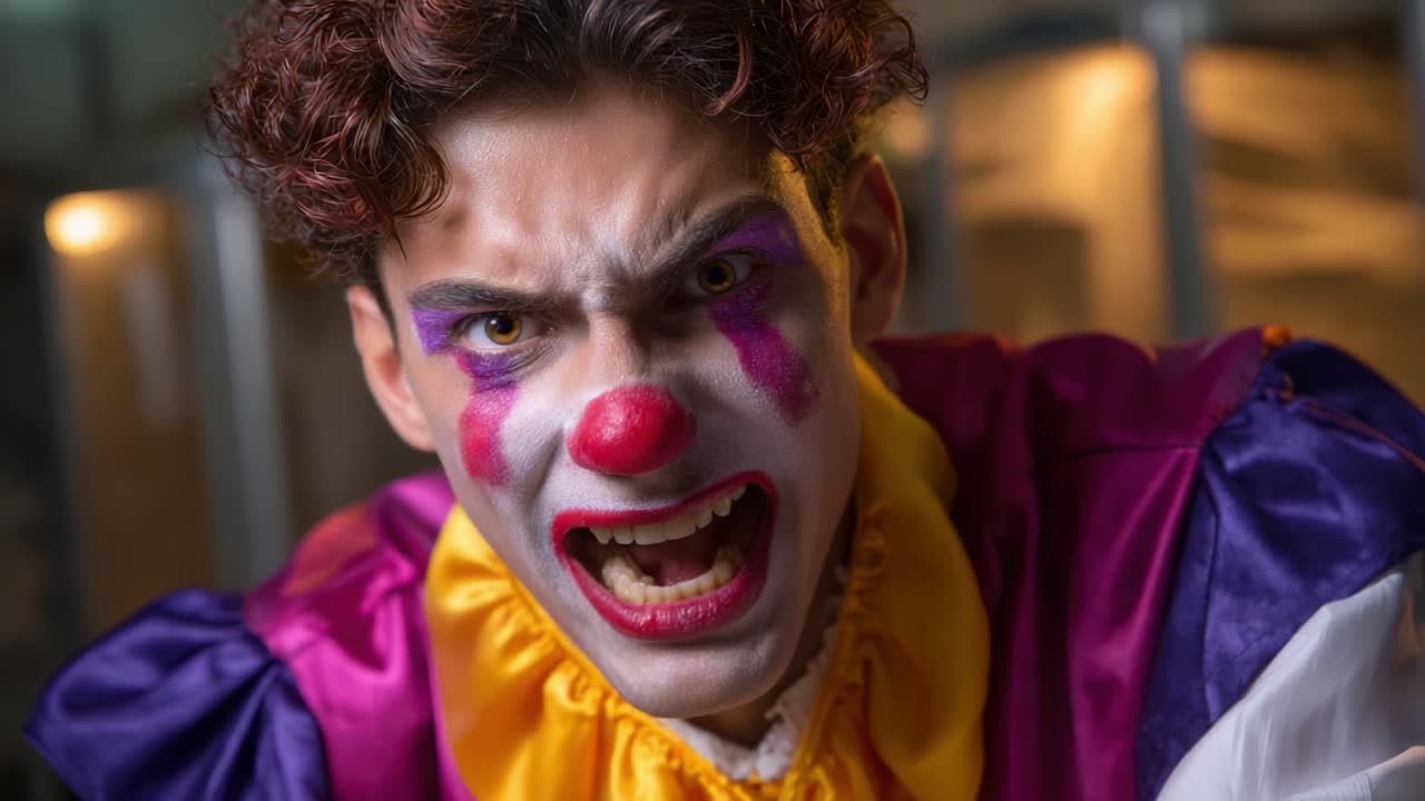 Intense Clown Portrayal: A Dramatic Expression of Fear and Anger Captured in Two Contrasting Video Frames Highlighting the Eerie Clown Persona