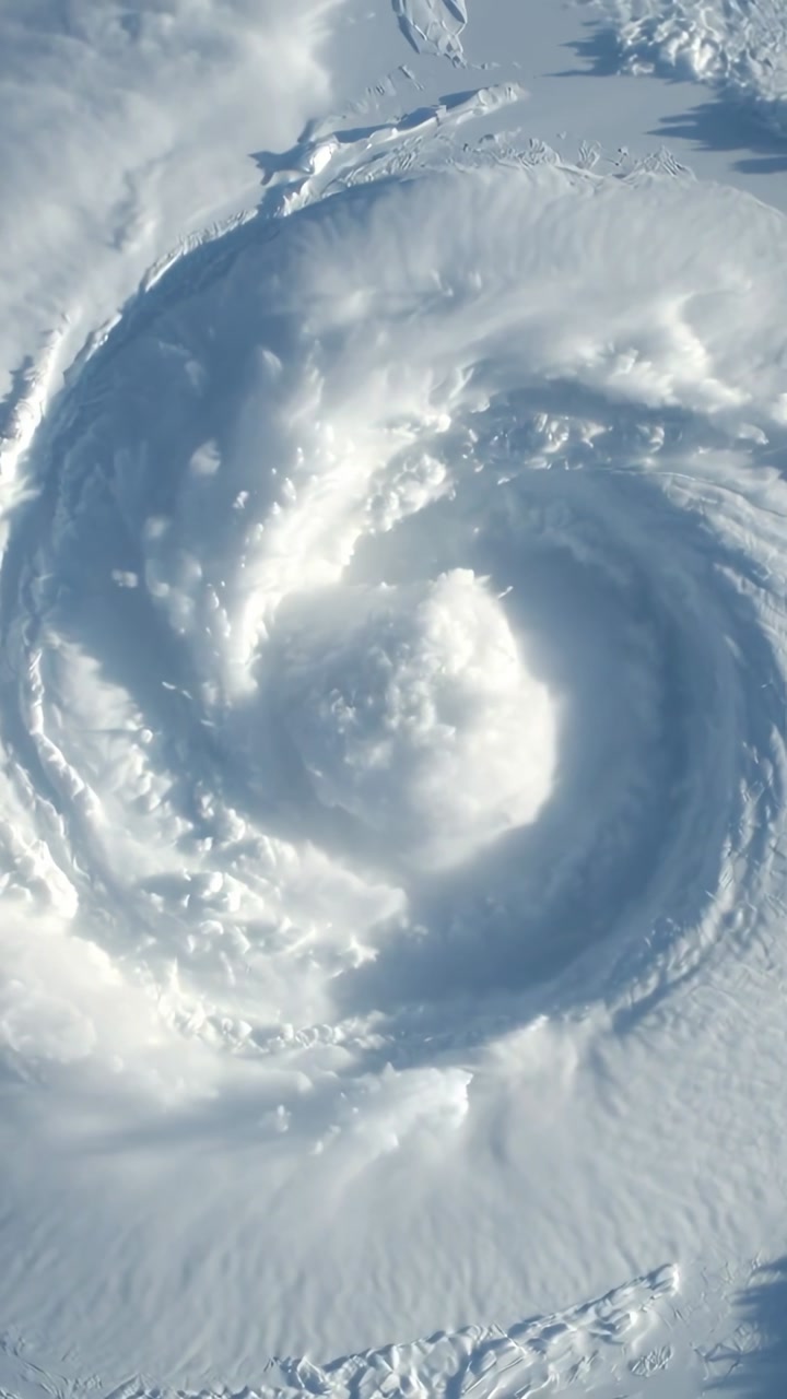 Vertical video: Spinning storm vortex under polar winds revealing eye and spiral bands over sea ice