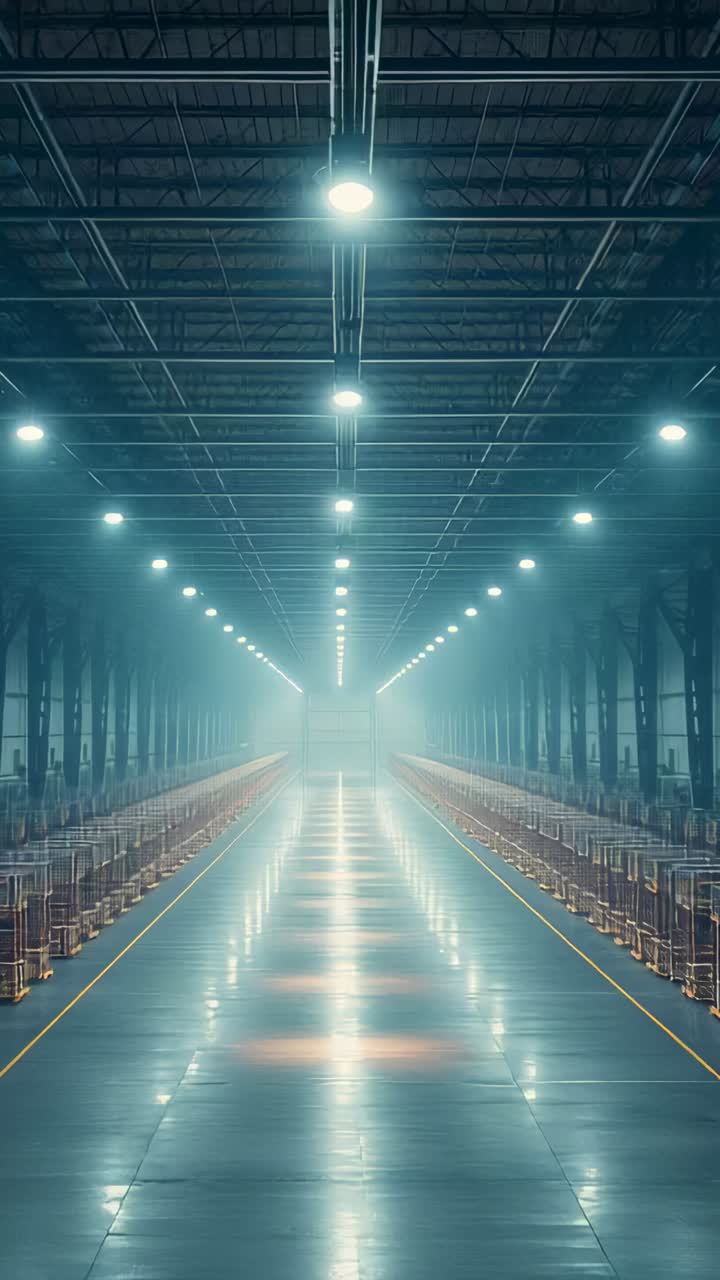 Vertical video: Starting camera panning down long warehouse aisle, showing lights and loading bay