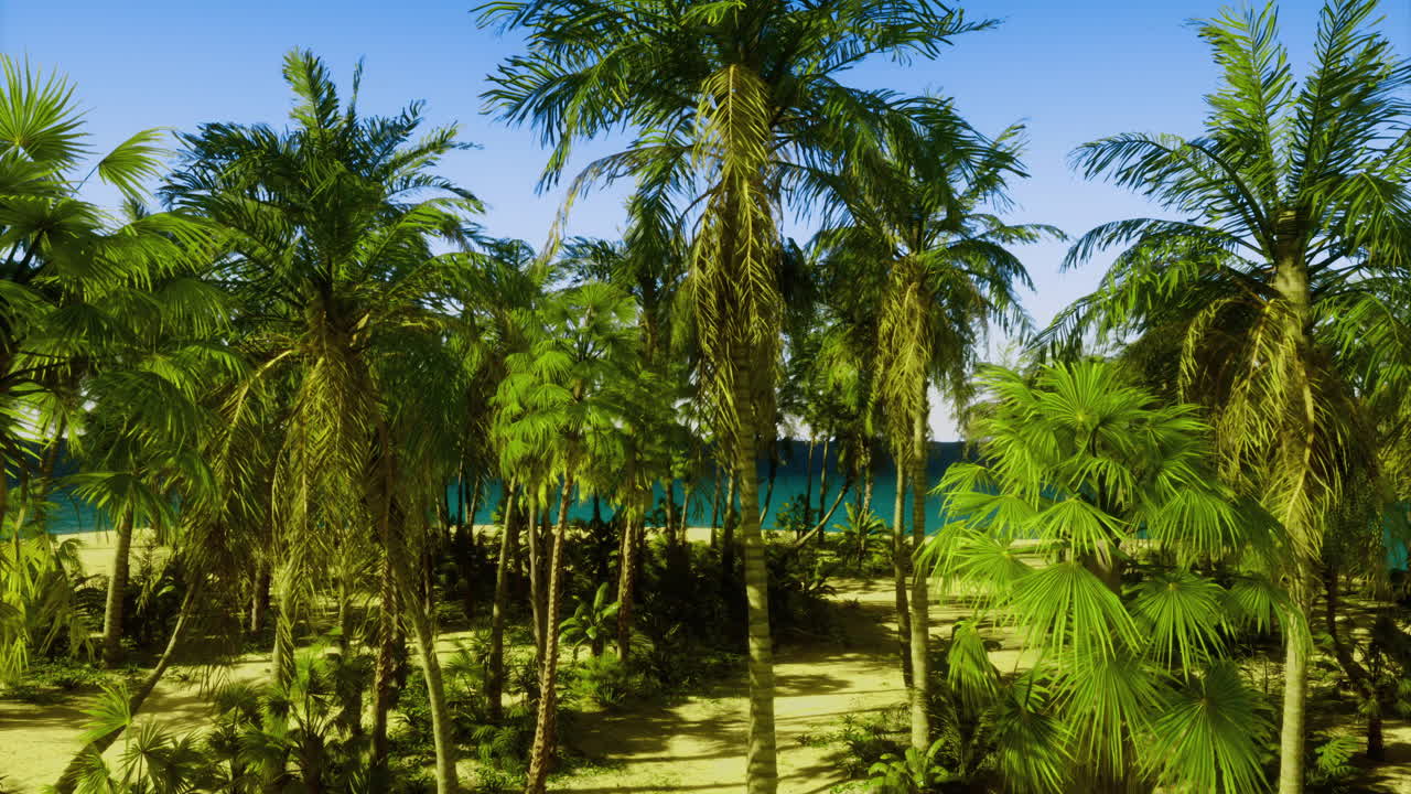 Lush tropical landscape with palm trees near the sandy beach and ocean