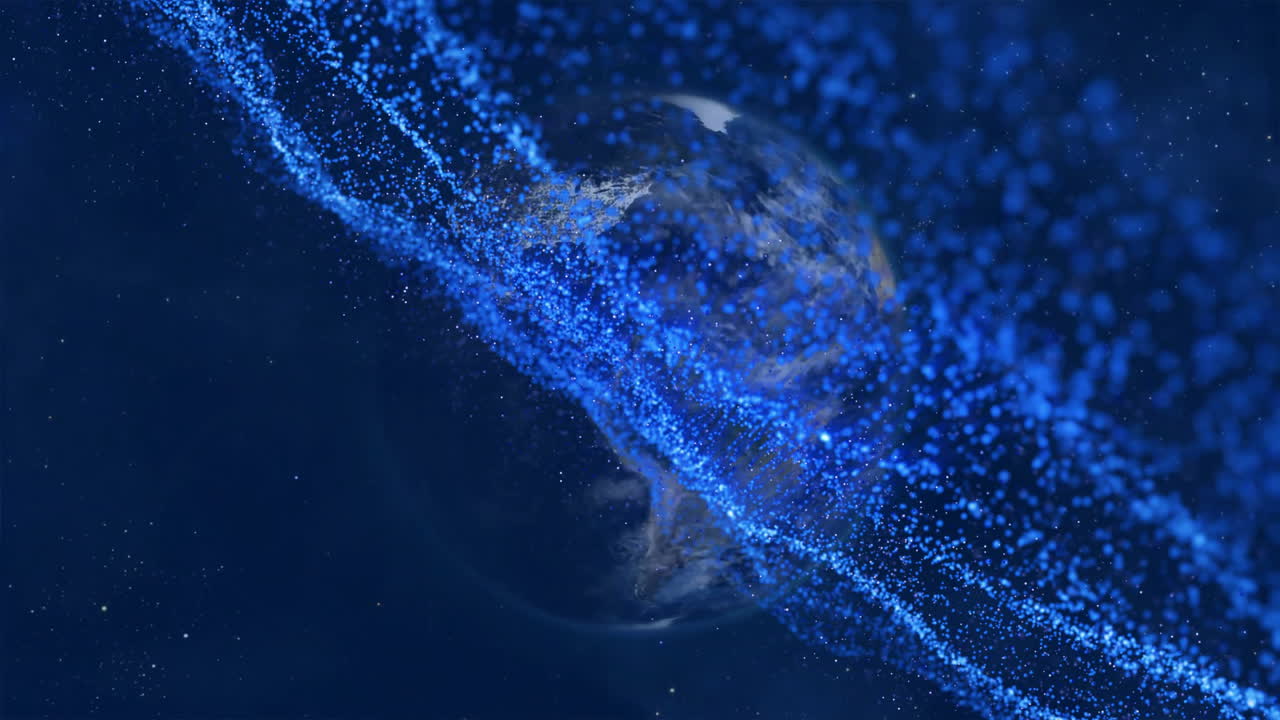 Animation of blue particles swirling around globe, creating digital network effect