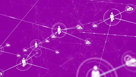 Connected people and email icons, communicating over purple background animation