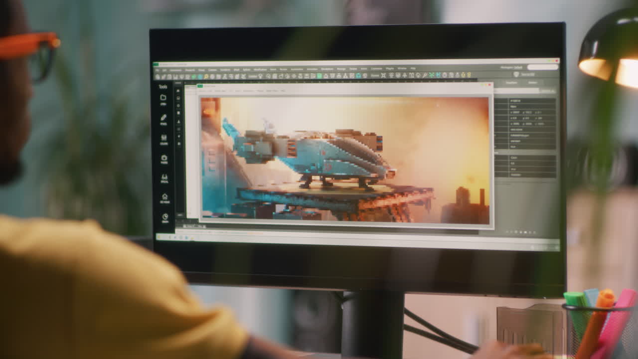 Person working on a 3D Model of a Spaceship on a Computer