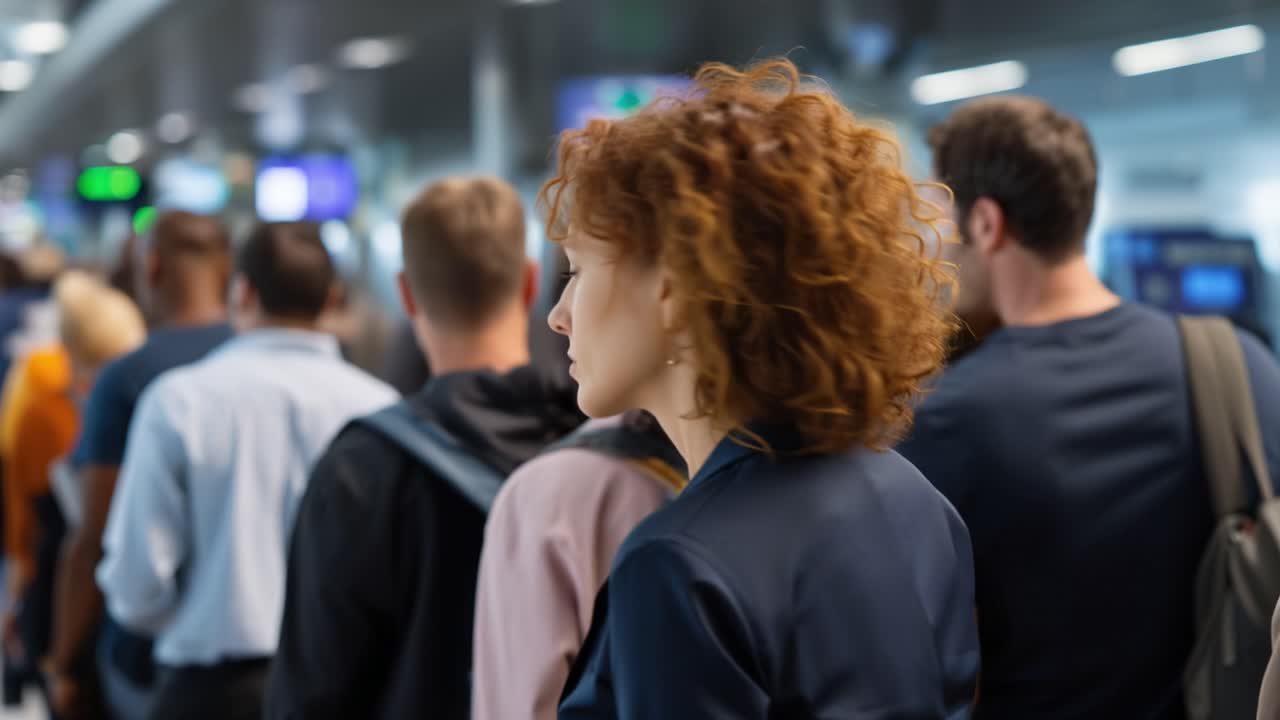 Wanita Berdiri dalam Antrean di Terminal Bandara yang Sibuk, Menunggu bersama Pelancong Lain di Tengah Keramaian Area Keberangkatan dengan Layar Digital dan Konter Check-in di Latar Belakang.
