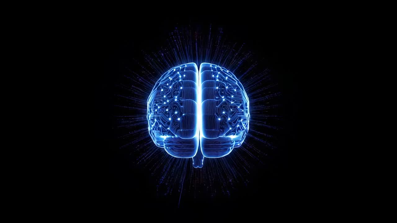 Pulsing light nodes initiating digital brain model rotating in void, revealing neon-blue circuits