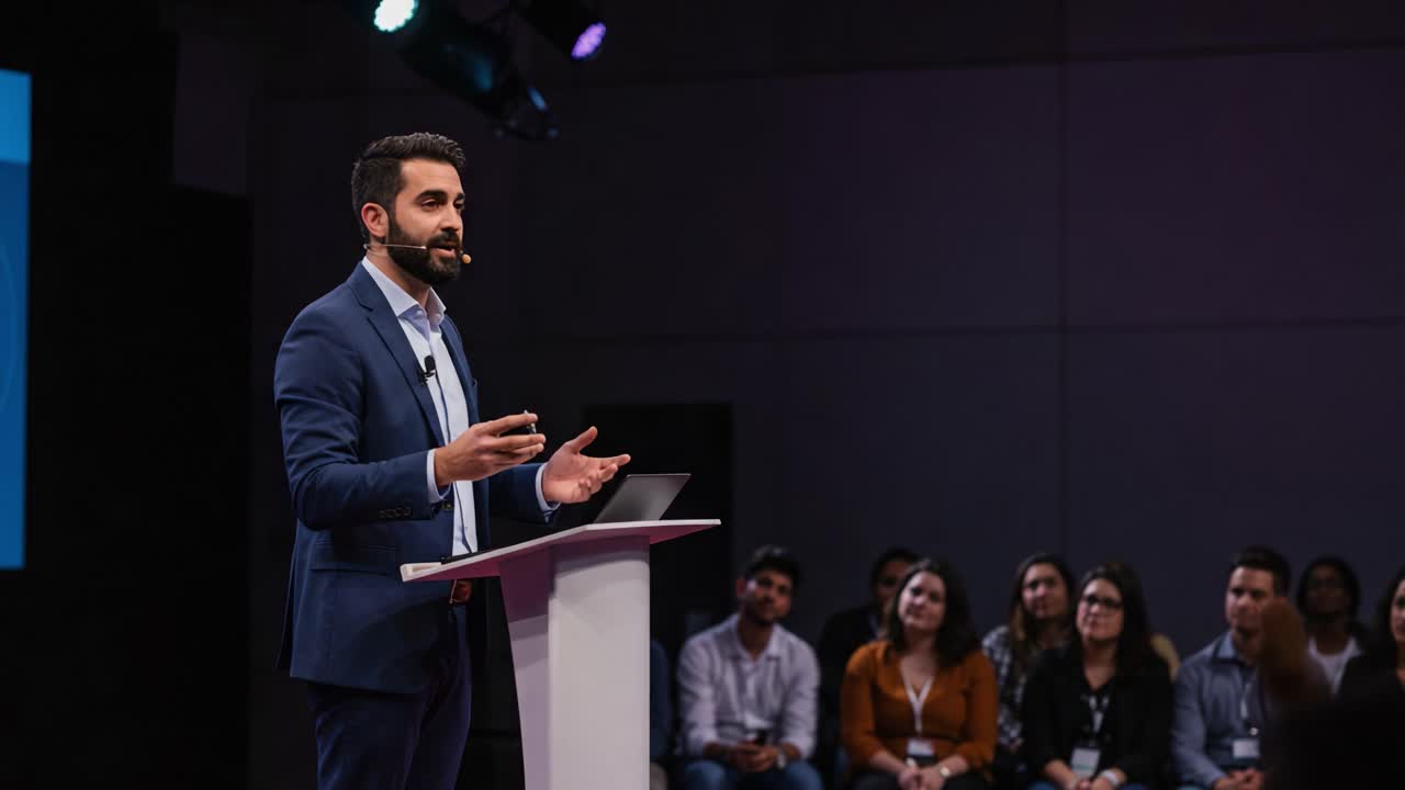 Engaging Speaker Delivering a Dynamic Presentation on Stage to an Attentive Audience Captivating Attention with Insightful Content and Visual Aids