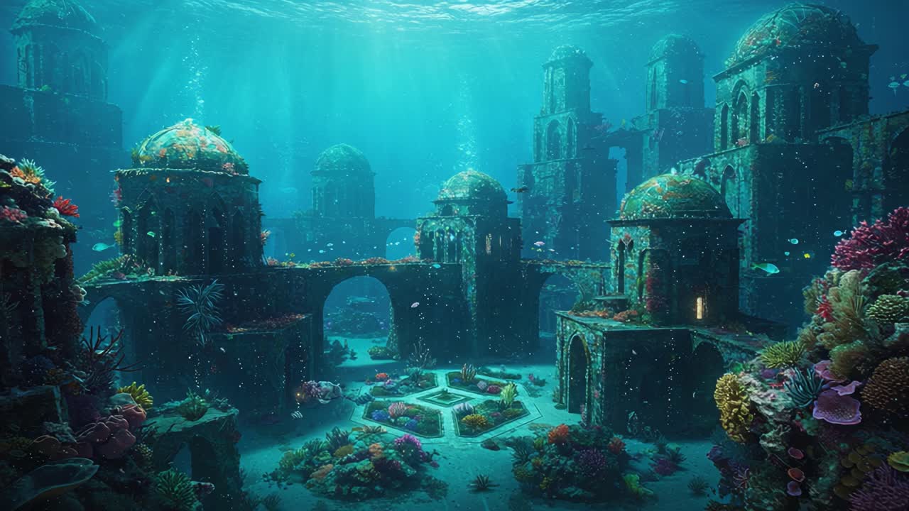 A Breathtaking View of an Underwater City Surrounded by Colorful Coral Reefs and Exotic Marine Life, Illuminated by Sunlight Piercing Through the Ocean Surface